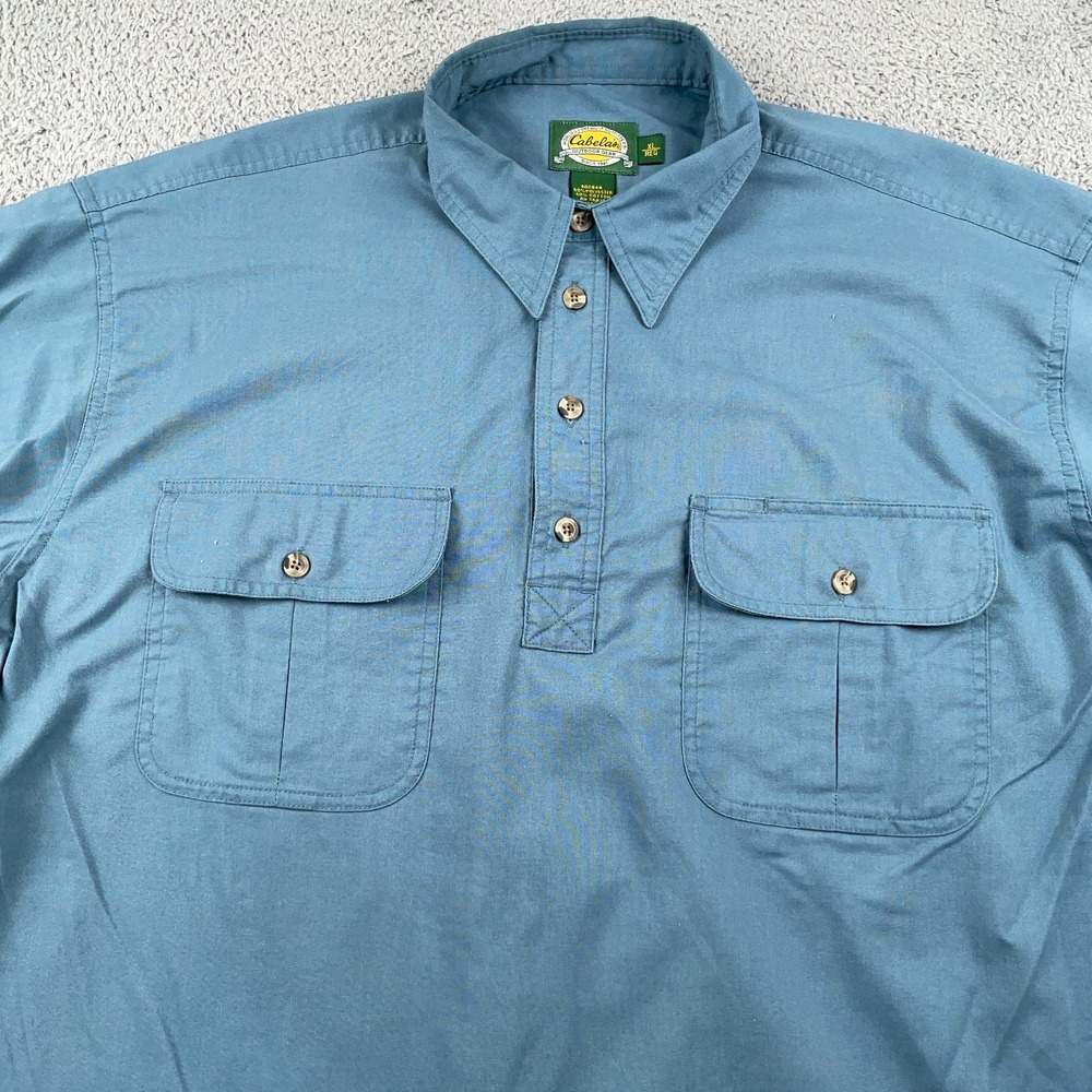 Cabelas Shirt Mens XL Blue Outdoor Popover Short Sleeve Button Up Workwear